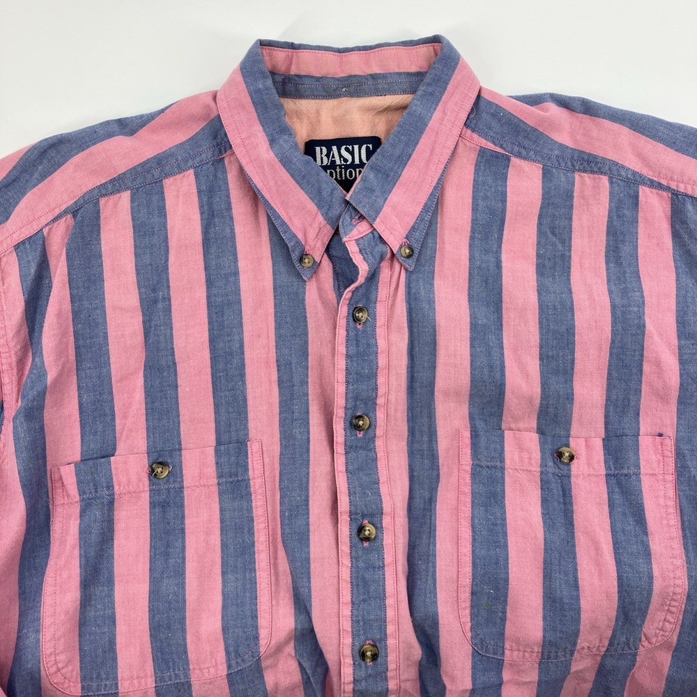 Basic Options Men's XL Casual Button Down Blue/Pink Stripe Short Sleeve Shirt